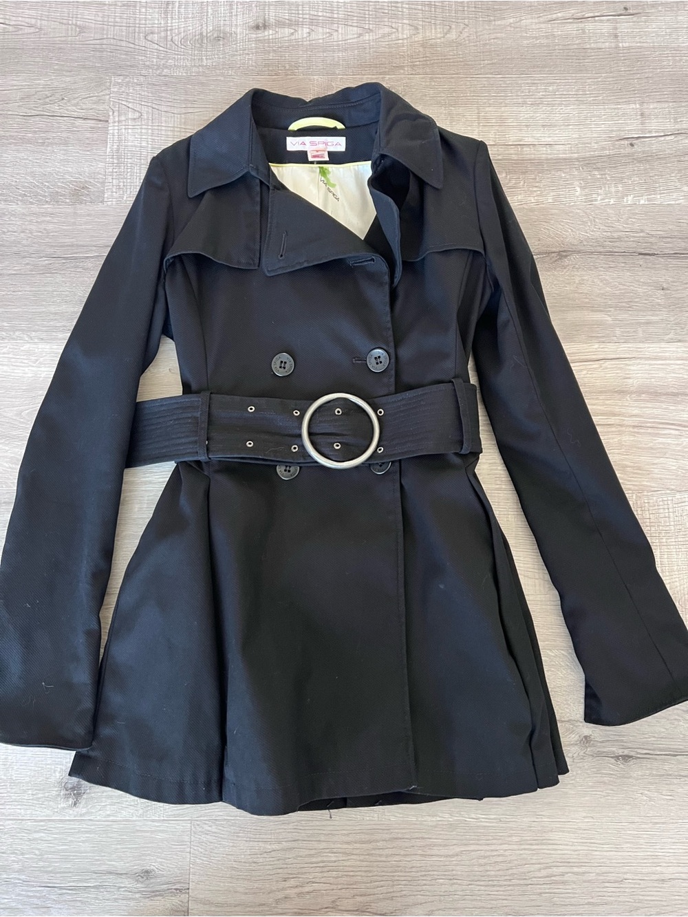 Via Spiga Black Trench Coat with Round-Buckle Belt